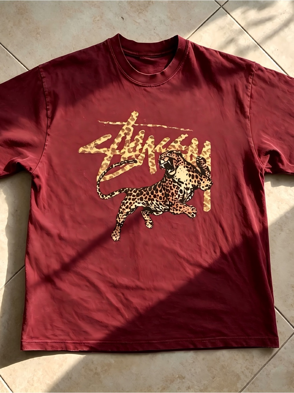 Vintage Stussy Leopard Print Burgundy Red Streetwear Graphic T-shirt Unisex